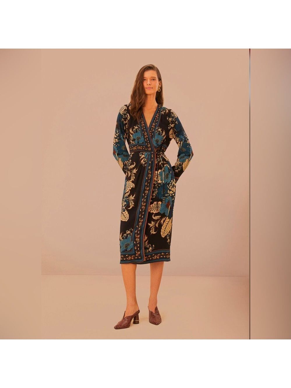 Farm Rio Black Blossom Tapestry Midi Wrap Dress